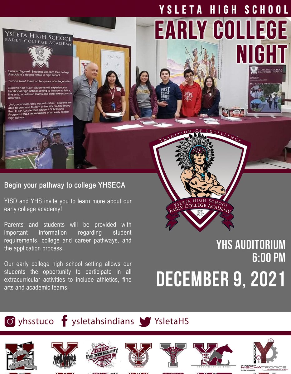 jortiz_P_'s tweet photo. Interested in applying for Early College? @YsletaMS and @RioBravoLobos 8th grade parents join us this Thursday at 6 pm for more information. #BOWUP #CCR @YsletaHS https://t.co/ey2fCdd24e