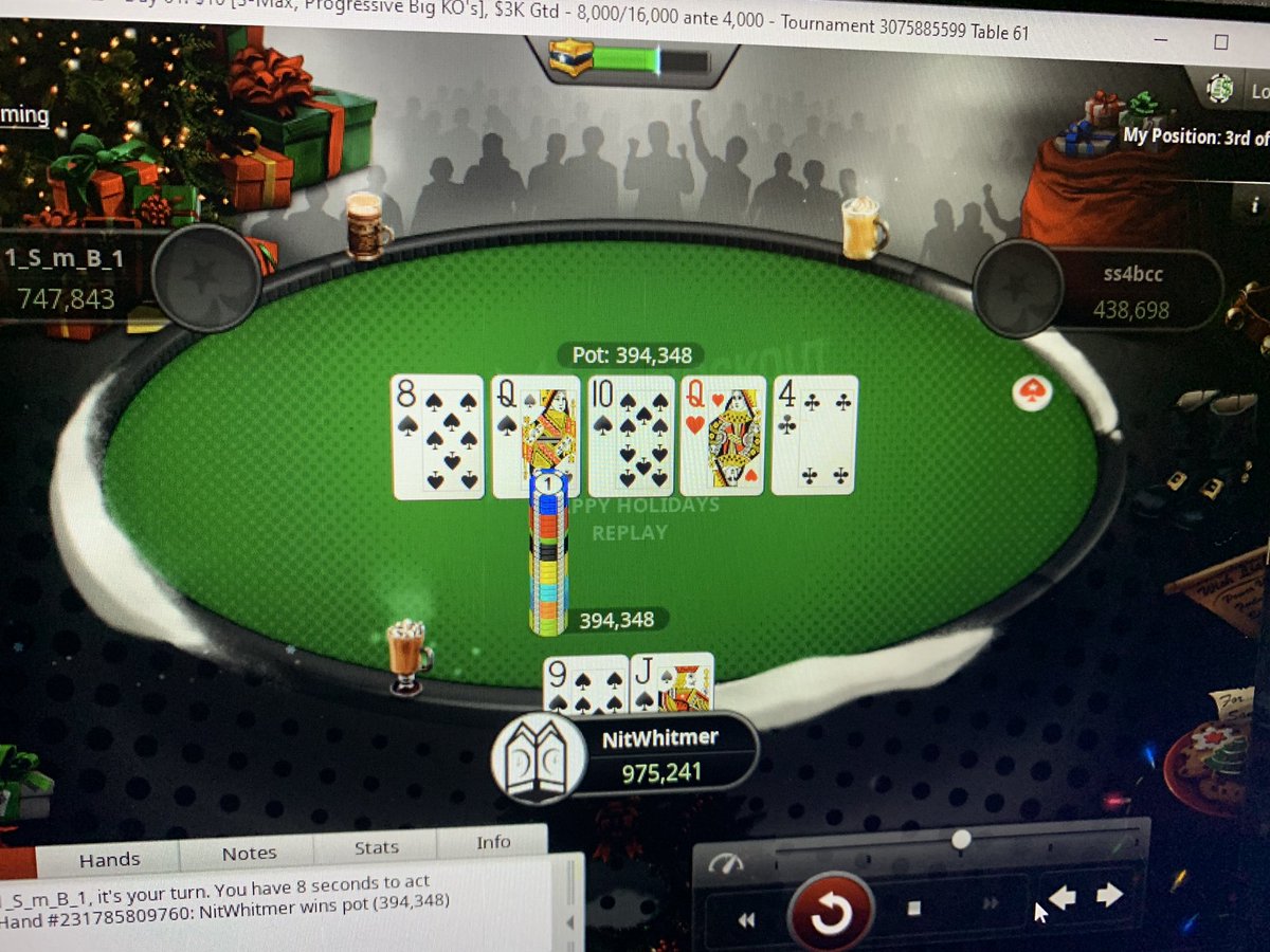 NitWhitmer's tweet photo. Fun hand relatively late in the #25DaysOfChristmas  on @PokerStarsUSA I check, he bets, all 3 streets. https://t.co/BBKCtIalb5