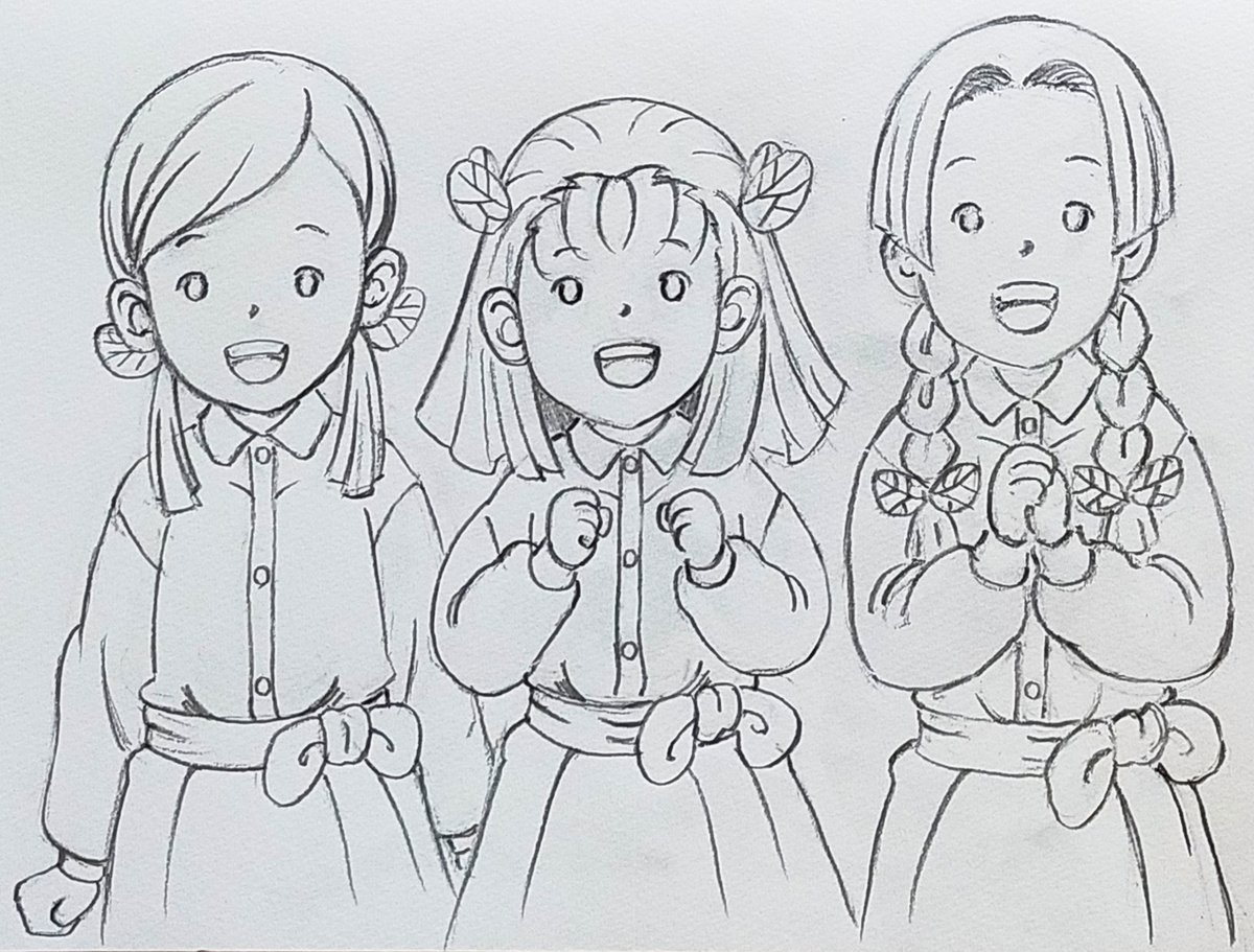 蝶屋敷の三人娘です 向かって右の三つ編みちゃんが、高田なほ 中央の子が、寺内きよ 左の二つ結びの子が、中原すみ 三姉妹ではないのですね🤔  #蝶屋敷の三人娘 #鬼滅の刃イラスト #ラフ #イラスト #絵描きさんと繋がりたい #鉛筆 #絵柄が好みって人にフォローされたい, image size:1200x911