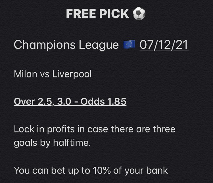 Smart_Tipster1's tweet photo. Don’t miss the closing round of the @ChampionsLeague group stage and make a profit!!

#ChampionsLeague #groupstage #Milan #Rossoneri #ZlatanIbrahimovic #SanSiro #Liverpool #TheReds #Salah #freepicks #freebets #freetipster #tipsterforlife #smarttipster #soccertipster #soccerjunkie https://t.co/Q7SvhUHjgW
