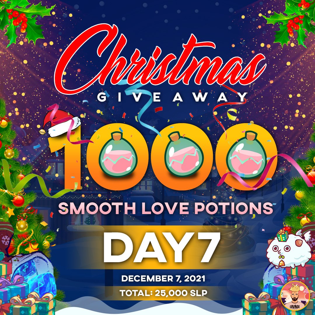 SavageStudios6's tweet image. Celebrating my first Axie Christmas  
Day 7 of 25 days of giveaway 
You have a chance to win 1000 $SLP 
How to win:
1⃣Follow me 
2⃣Like &amp;amp; Retweet 
3⃣Mention friends so they can win too!!
Winners will receive a dm for some verifications.