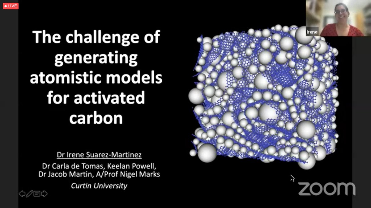 2021Amma's tweet photo. Next in our #MolecularScience session we have invited speaker Dr. Irene Suarez-Martinez (@IreneSuaMar) from @CurtinUni, discussing the challenge of generating #atomisticmodels for #activatedcarbon

#ozchem #compchem https://t.co/seQQbJOgA9