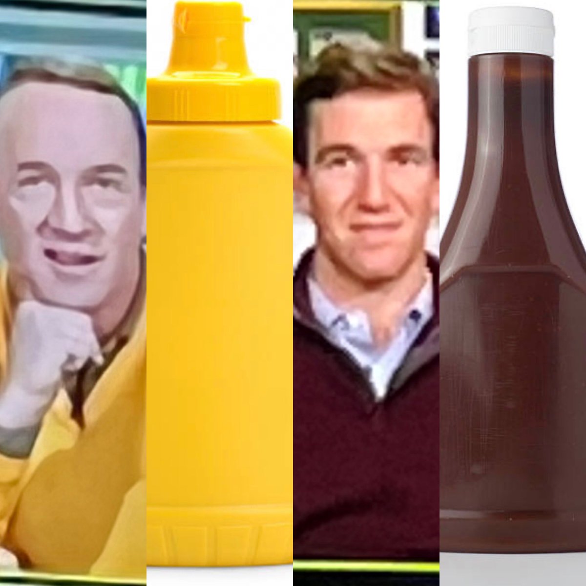 BlaineRN's tweet photo. Who wore it better? @EliManning #PeytonandEli #bbqsauce #mustard #brothers @espn #MondayNightFootball #MNF https://t.co/YnA1MSL1CH