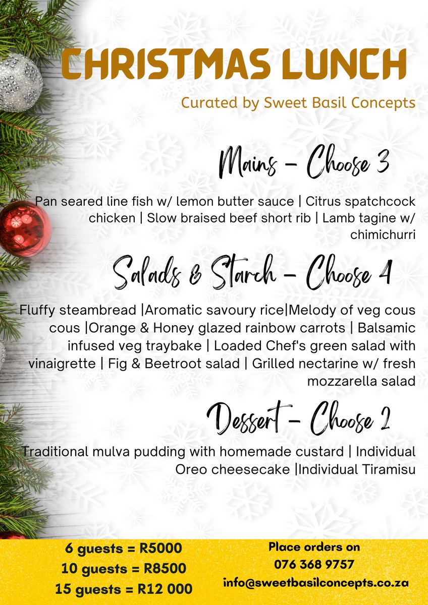 sweetbasilcon's tweet photo. 🎄Christmas Lunch 🎄
Spend more time with your family, while we handle lunch

We are based in Pretoria 
#Christmas2021 https://t.co/mJWYFtmfDL
