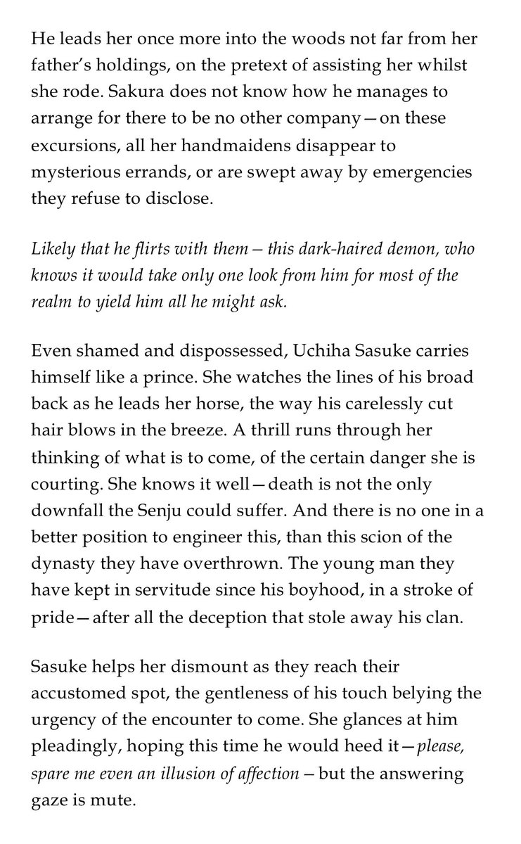 AdelineVW7's tweet photo. Even shamed and dispossessed, Uchiha Sasuke carries himself like a prince.

[Royalty AU]

cw: slight nsfw

#sssnippetaday
#sasusaku https://t.co/fVQ180e85a