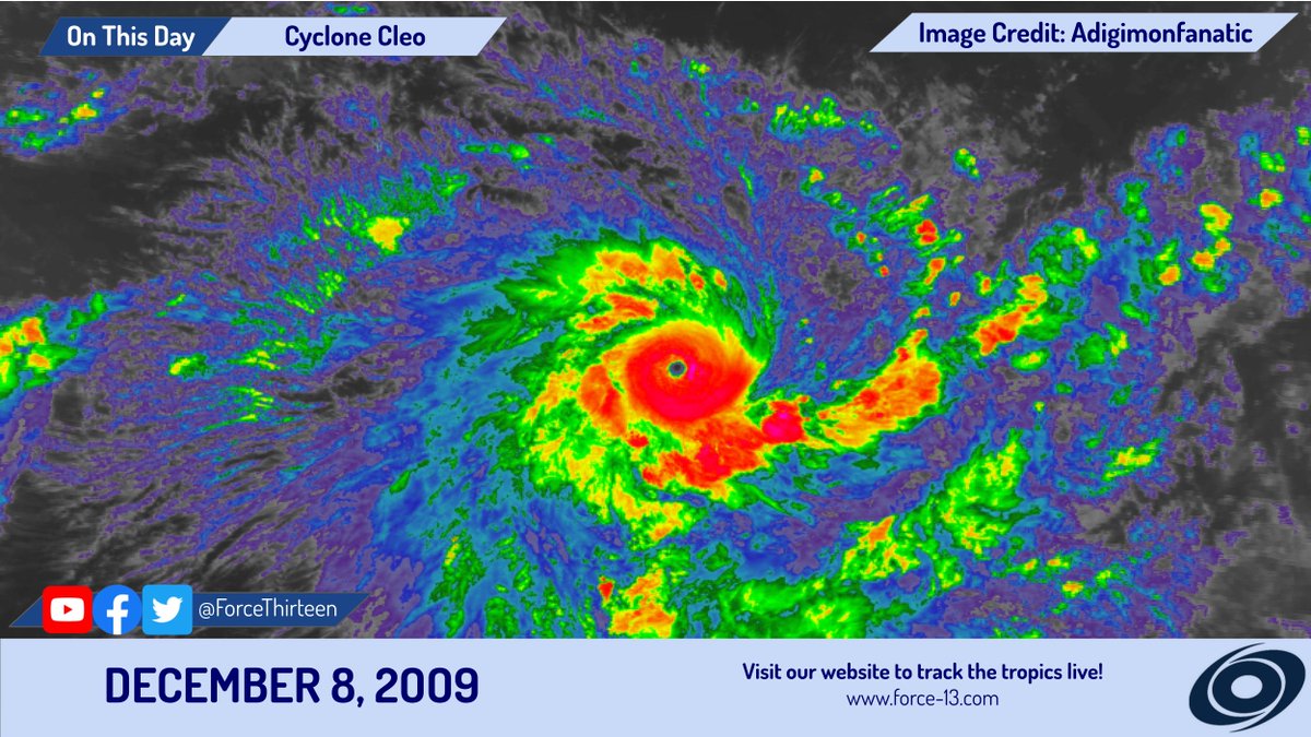 CycloneHistory's tweet photo. #OTD in 2009, #CycloneCleo was peaking as a powerful 140mph storm per F13 database values out to sea in the South-west Indian Ocean. It is quite likely that Cleo is stronger than what it appears. Thankfully the storm never affected land during its long duration. https://t.co/xOweoe7VyG