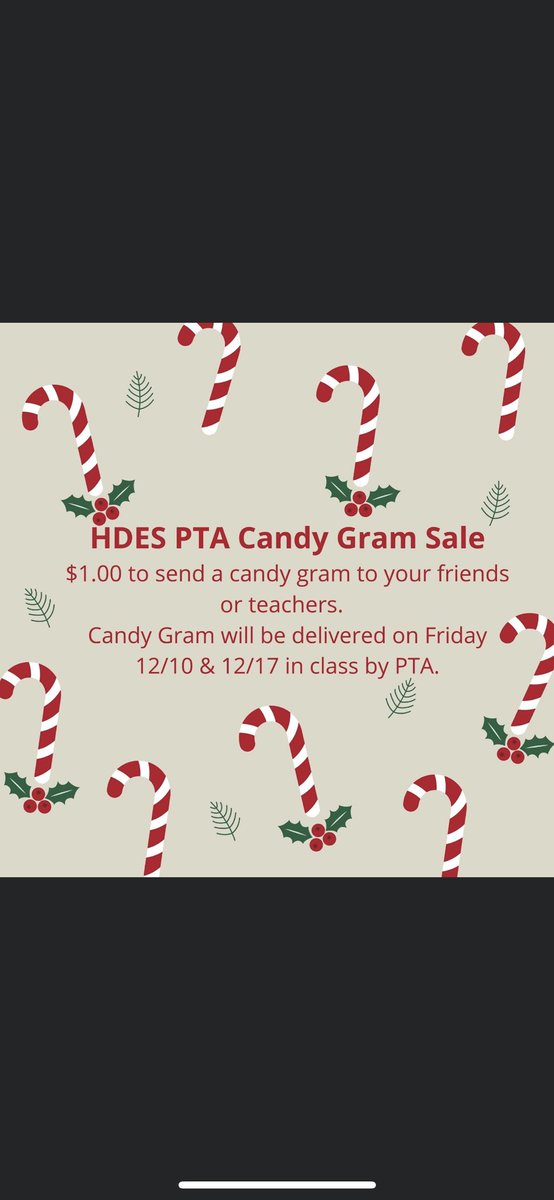 PTA will be selling candy grams for $1.00 for the next two weeks.  A candy gram will include a candy cane and a note to a friend or teacher.  Candy grams will be delivered on 12/10 and 12/17 to classrooms. #HolidaySpirit #DoleStrong <a href="/HDBobcats/">Hanford Dole Bobcats</a> @RivasPrincipal