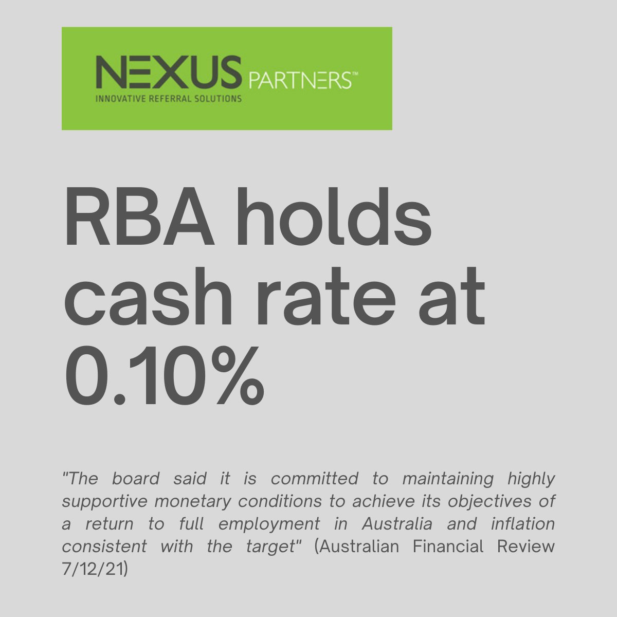 nexuspartners's tweet photo. The RBA has announced it's final cash rate decision for 2021. https://t.co/VVef56afxS