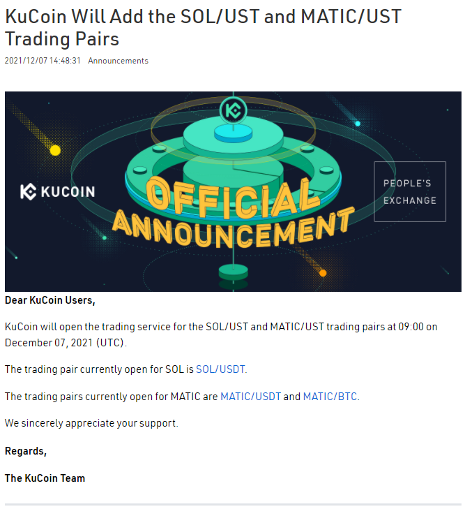 Trufflepig's tweet photo. KuCoin stepping their $UST game up! 🚀🚀🚀 $luna

KuCoin Will Add the SOL/UST and MATIC/UST Trading Pairs 👇👇👇 @terra_money https://t.co/xiVg56uS7Y
