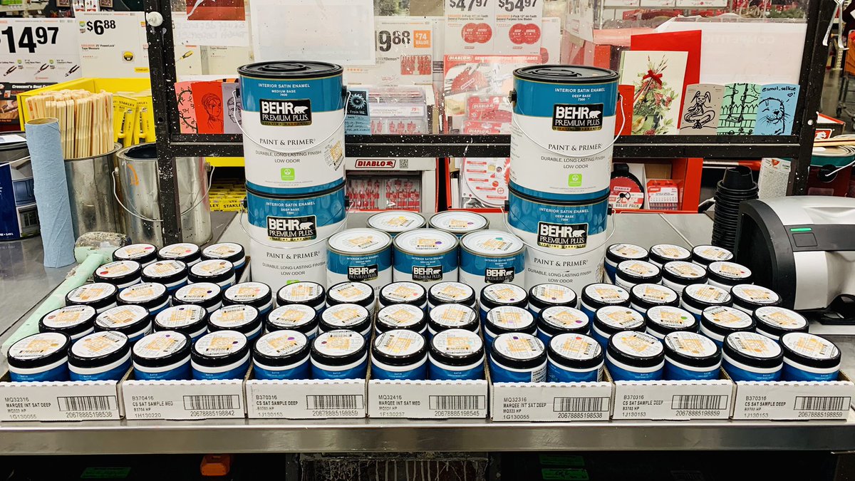 SmolSelkie's tweet photo. Paint desk be wildin' with the samples today. This is all one order for a painter doing a mural. #HomeDepot #PaintDesk #D24 #PaintSamples @DondraDunbar77 https://t.co/VAEIgHtr9N