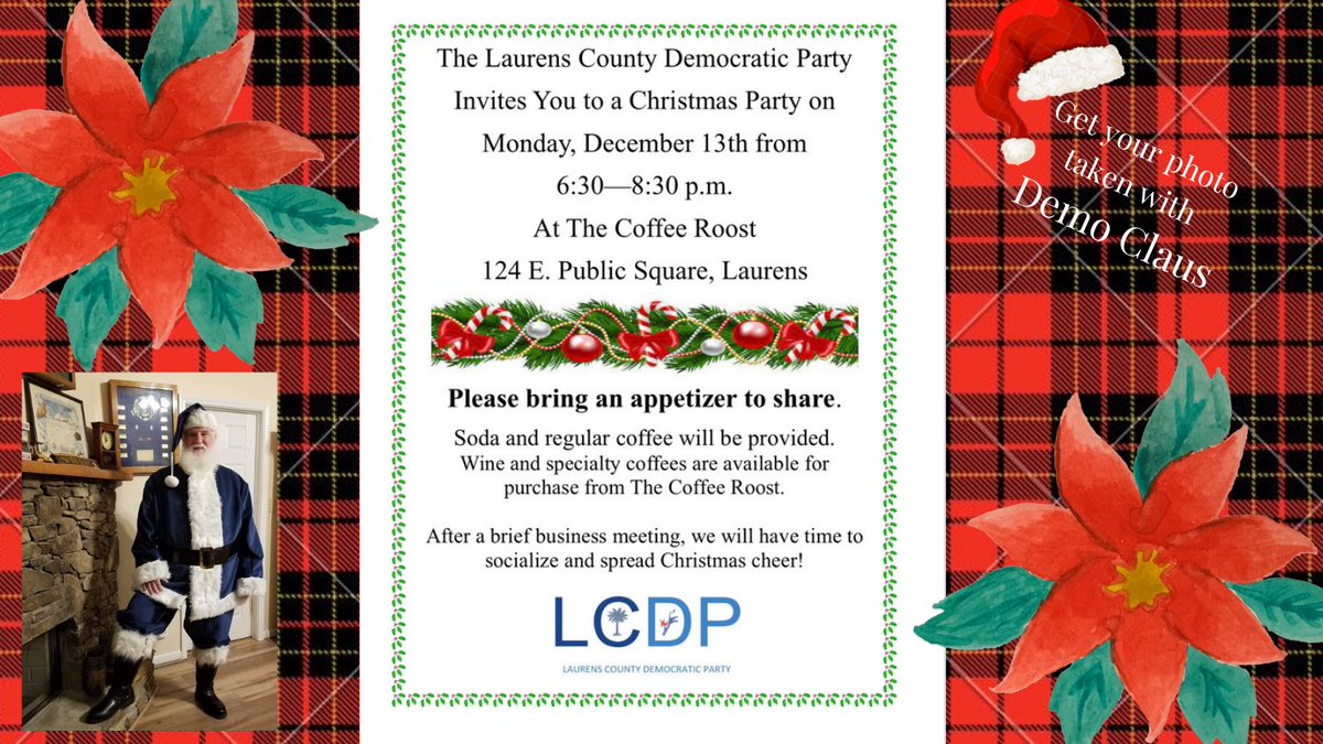 LCDemParty's tweet image. Join us on December 13th at 6:30 pm for some Christmas cheer. Meet Demo Claus too!