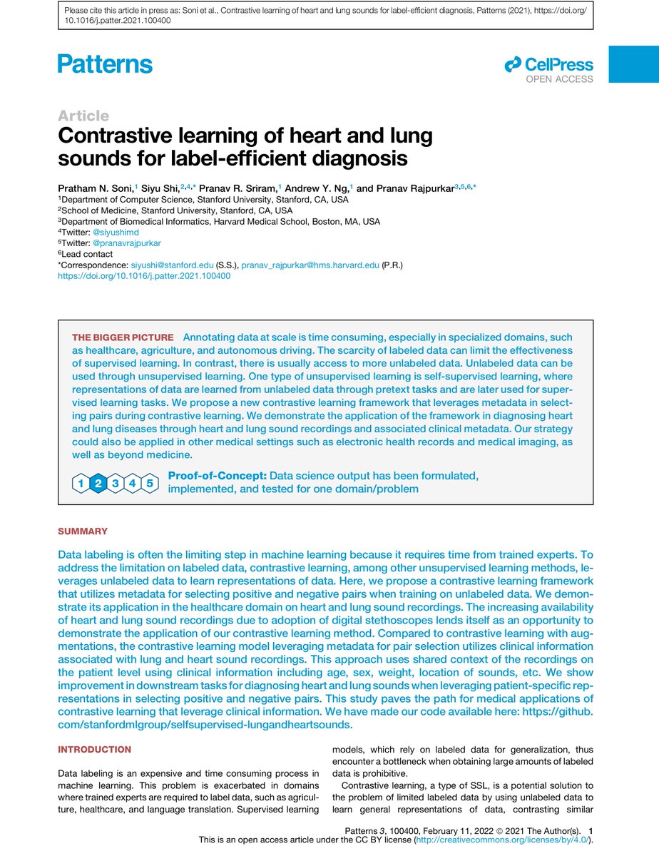 Pranav Rajpurkar (@pranavrajpurkar) on Twitter photo Delighted to share our new paper in <a href="/Patterns_CP/">Patterns, a Cell Press journal</a> on contrastive learning of lung and heart sounds!
Our new self-supervised learning approach uses unlabeled recordings and metadata to make label efficient diagnoses. 🩺
Led by Pratham Soni & <a href="/siyumd/">Siyu Shi</a>
cell.com/patterns/fullt… Delighted to share our new paper in <a href="/Patterns_CP/">Patterns, a Cell Press journal</a> on contrastive learning of lung and heart sounds!
Our new self-supervised learning approach uses unlabeled recordings and metadata to make label efficient diagnoses. 🩺
Led by Pratham Soni & <a href="/siyumd/">Siyu Shi</a>
cell.com/patterns/fullt…