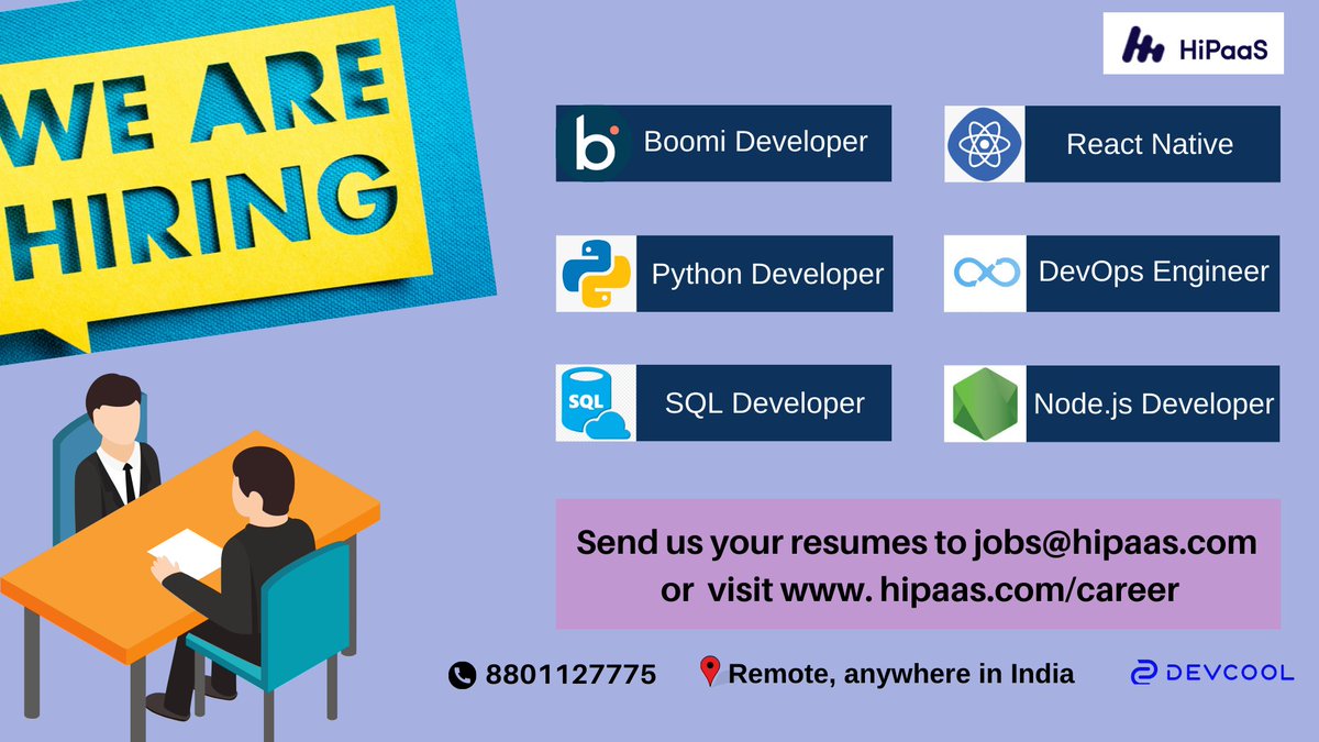DEVCOOLINC's tweet photo. We're Hiring for Multiple Positions:-
Location: Anywhere from India
Please share your resume at jobs@hipaas.com or visit https://t.co/gmT0V40S5k
#healthcarejobs #hipaas #developersjob #JobSeekersSA #Hiring #HIRINGNOW #DeveloperJobs #job #healthcarejobs https://t.co/pafzR8vYH0