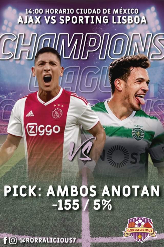 Rorralicious7's tweet photo. Champions League: 
Ajax vs Sporting Lisboa: Ambos anotan SI! https://t.co/mfDUvWfAk8