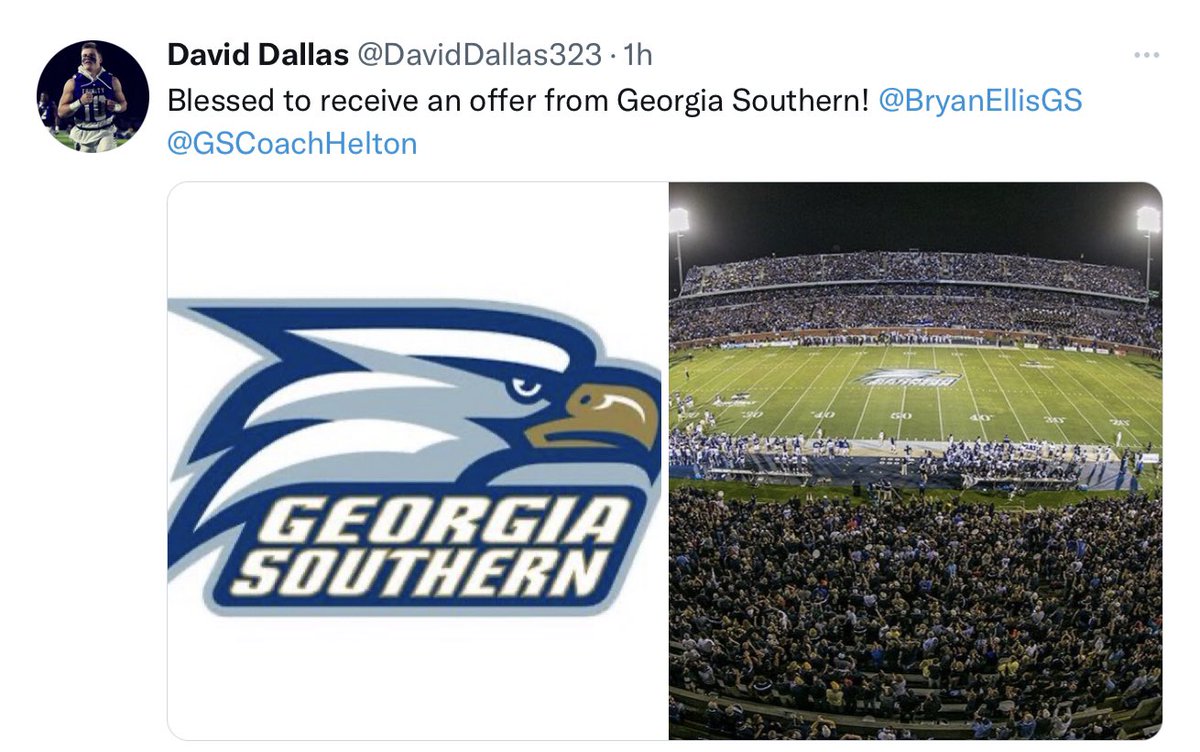 GrassSeatEagle's tweet image. Brothers @joshdallas_19 and @DavidDallas323 receiving instate offers from Georgia Southern. The QB/WR combo would love to stay together and hopefully in state closer to family. Both are currently committed to Western Michigan.