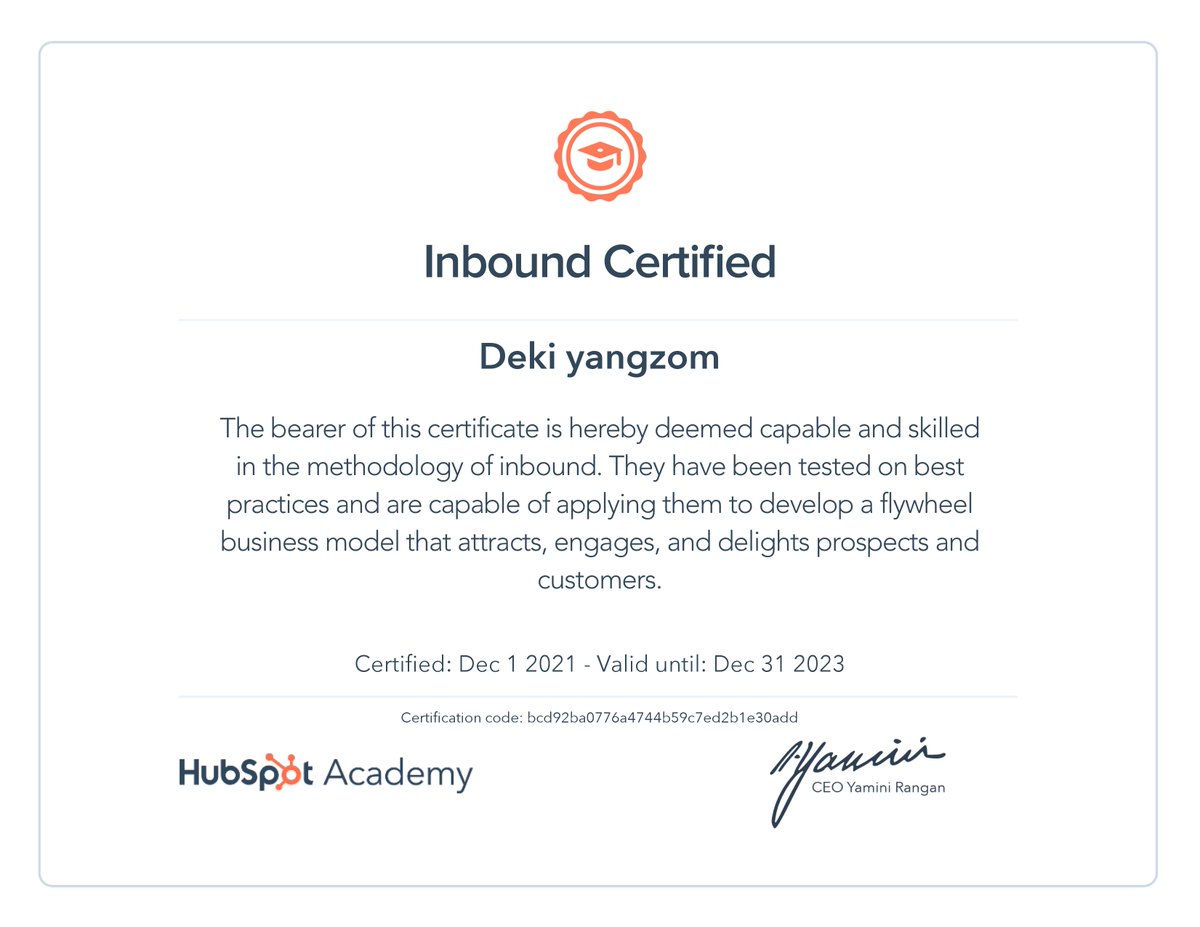 DekiYan16445730's tweet photo. I just got my Inbound Certification from @HubSpotAcademy! https://t.co/l3QCW4TMX6 
@findingjorie https://t.co/pTlz0hynYN