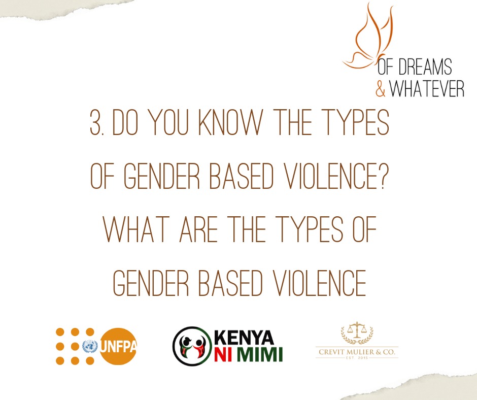 DreamsWhatever's tweet photo. GBV is categorized in different groups, from sexual violence to child marriages to FGM. 
Tell us the types you know.
#NdotoHalisi #OfDreamsAndWhatever #KenyaNiMimi 
@nadia_abdalla_ @OlajideDemola @UNFPAKen @Kenya_NI_Mimi https://t.co/Gi4Sn4rZrb