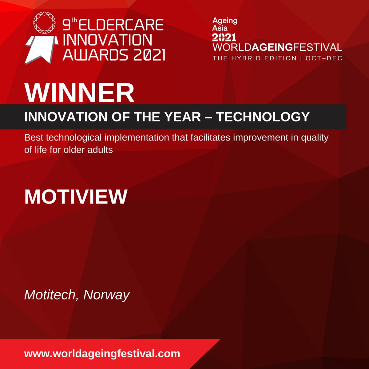 Motiview By Motitech UK (@motitech_uk) on Twitter photo We are humbled and grateful to accept the award "Innovation of the Year - Technology" at the #worldageingfestival in Singapore. "Best technological implementation that facilitates improvement in quality of life for older adults."
#aaif <a href="/ageingasia/">Ageing Asia</a> #motiview We are humbled and grateful to accept the award "Innovation of the Year - Technology" at the #worldageingfestival in Singapore. "Best technological implementation that facilitates improvement in quality of life for older adults."
#aaif <a href="/ageingasia/">Ageing Asia</a> #motiview