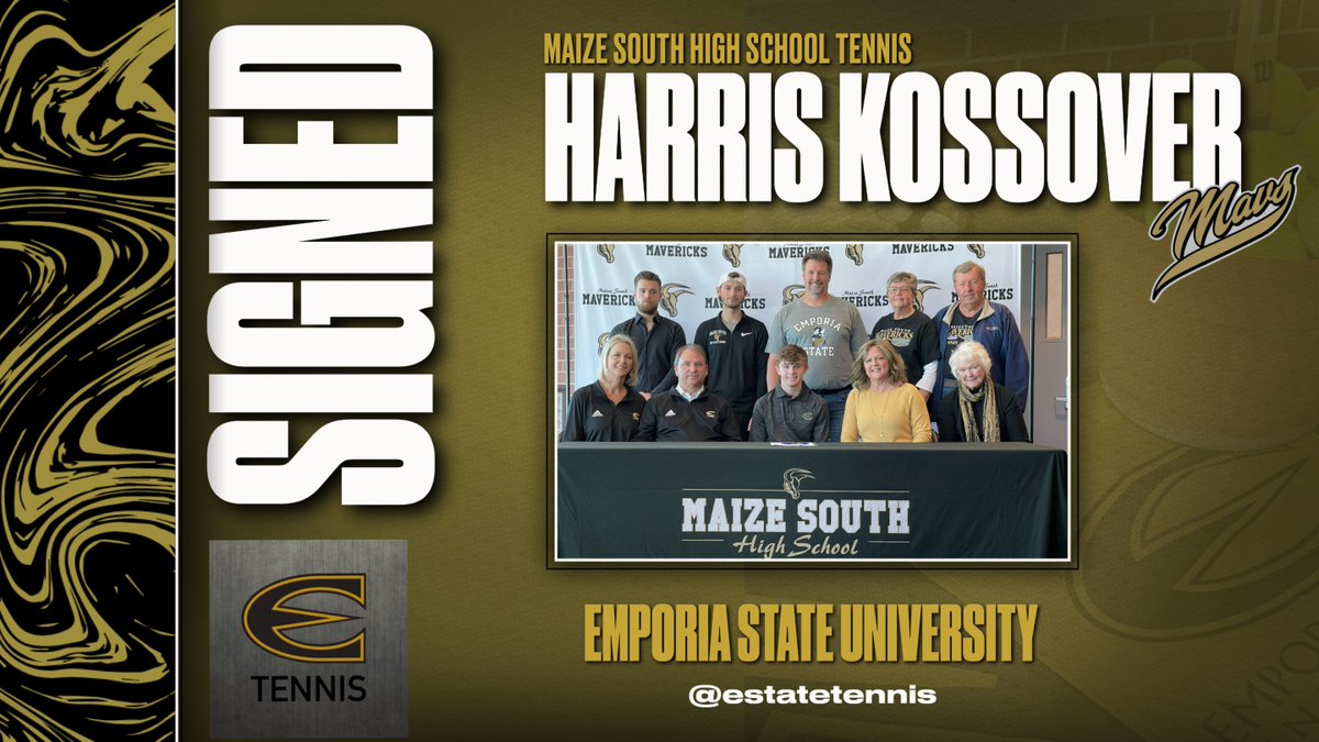 MaizeSouthAD's tweet photo. @harriskossover signs with @estatetennis today.  Congratulations Harris. #onceaHornetalwaysaHornet #StingersUp @esuathletics @emporiastate @MAVprinciBULL @BoosterClubMSHS @BlazeTheBull https://t.co/5894uI7AQ6