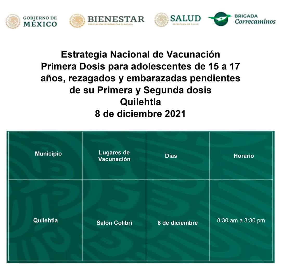 📢 #Atención
El 8 de diciembre, se llevará a cabo la aplicación de #PrimeraDosis para adolescentes de 15 a 17 años además de rezagados y embarazadas pendientes de su #PrimeraySegunda dosis, de la Estrategia Nacional de Vacunación para el municipio de #Quilehtla