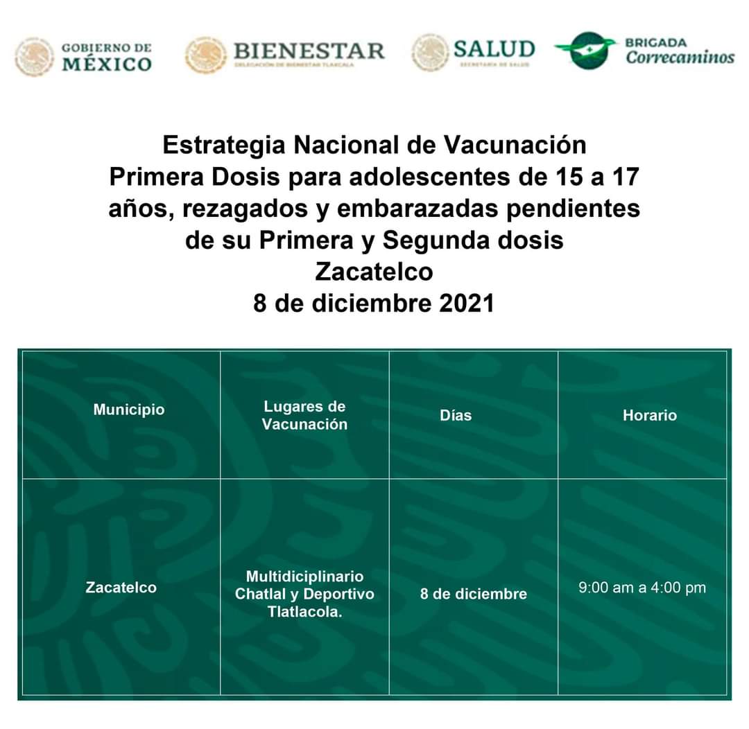 📢 #Atención
El 8 de diciembre, se llevará a cabo la aplicación de #PrimeraDosis para adolescentes de 15 a 17 años además de rezagados y embarazadas pendientes de su #PrimeraySegunda dosis, de la Estrategia Nacional de Vacunación para el municipio de #Zacatelco