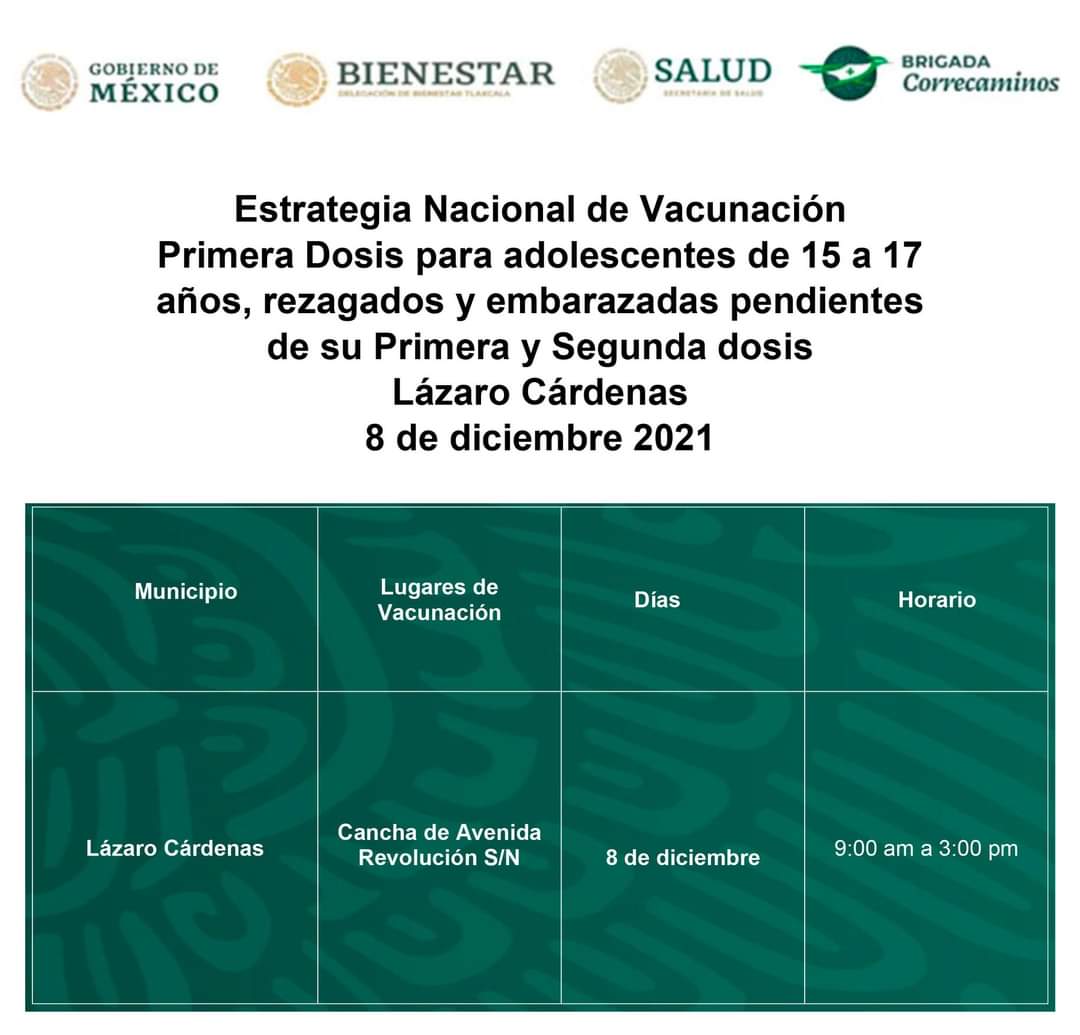 📢 #Atención
El 8 de diciembre, se llevará a cabo la aplicación de #PrimeraDosis para adolescentes de 15 a 17 años además de rezagados y embarazadas pendientes de su #PrimeraySegunda dosis, de la Estrategia Nacional de Vacunación para el municipio de #LazaroCardenas