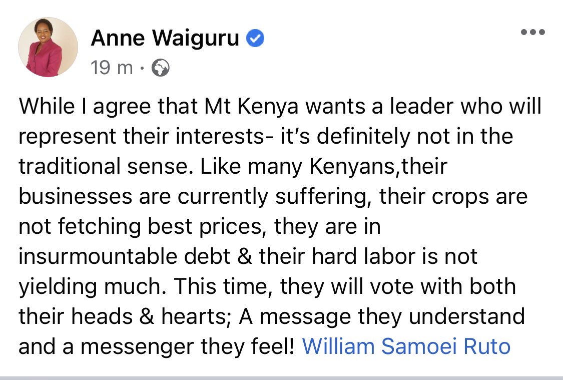 AnneWaiguru's tweet photo. While I agree that Mt Kenya wants a leader who will represent their interests- it’s definitely not in the traditional sense.………This time, they will vote with both their heads &amp; hearts; A message they understand and a messenger they feel! @WilliamsRuto
https://t.co/lchh6Dcgho https://t.co/frLulN3WTK