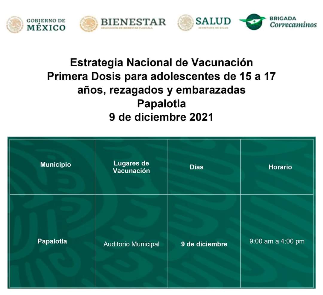 📢 #Atención
El 9 de diciembre, se llevará a cabo la aplicación de #PrimeraDosis para adolescentes de 15 a 17 años además de rezagados y embarazadas pendientes de su #PrimeraySegunda dosis, de la Estrategia Nacional de Vacunación para el municipio de #Papalotla