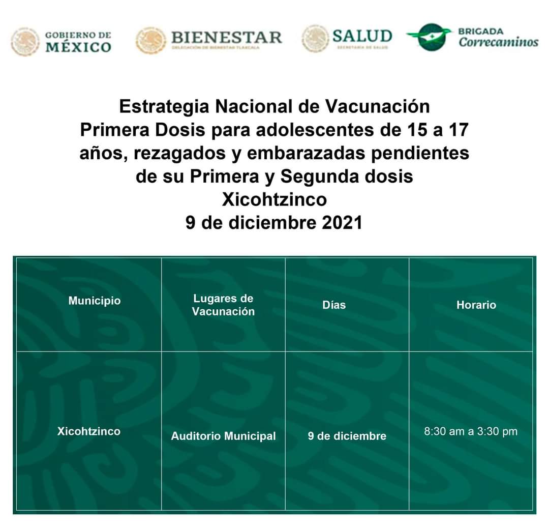 📢 #Atención
El 9 de diciembre, se llevará a cabo la aplicación de #PrimeraDosis para adolescentes de 15 a 17 años además de rezagados y embarazadas pendientes de su #PrimeraySegunda dosis, de la Estrategia Nacional de Vacunación para el municipio de #Xicohtzinco