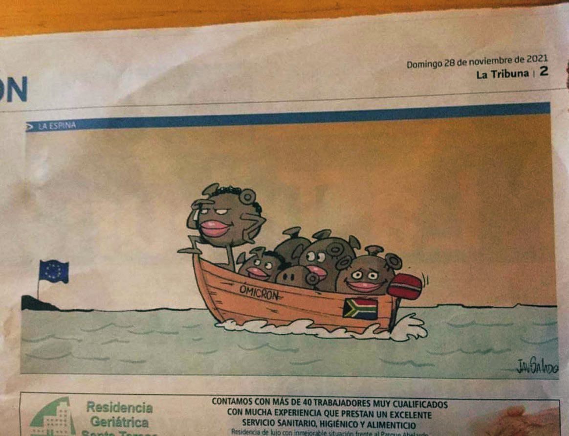 Hopewell Chin’ono (@daddyhope) on Twitter photo On the left is Germany newspaper <a href="/rheinpfalz/">DIE RHEINPFALZ</a> with a headline “The Virus from Africa is with us.”
On the right is a Spanish newspaper <a href="/TribunaAlbacete/">Tribuna de Albacete</a> with a cartoon saying black South Africans are coming to Europe on a boat with Omicron Covid-19 variant.
This is racism in 2021! On the left is Germany newspaper <a href="/rheinpfalz/">DIE RHEINPFALZ</a> with a headline “The Virus from Africa is with us.”
On the right is a Spanish newspaper <a href="/TribunaAlbacete/">Tribuna de Albacete</a> with a cartoon saying black South Africans are coming to Europe on a boat with Omicron Covid-19 variant.
This is racism in 2021!