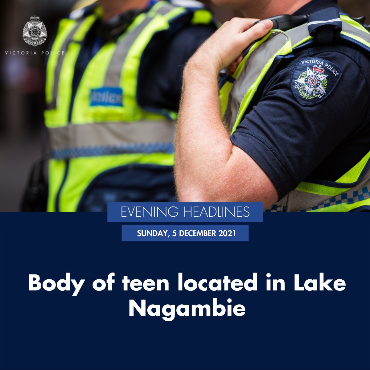 Search and Rescue divers retrieved the body of a 17-year-old Kangaroo Flat boy about 9am.

It is believed the teen got into difficulty while swimming with friends near Vickers Road on 4 December about 5pm.

Read more, https://go.vic.gov.au/wu5p4T
