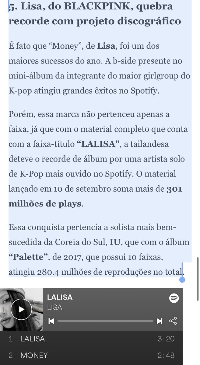 LaliceUpdates's tweet photo. "6 Spotify records broken in 2021"

1. Adele
2. Taylor Swift
3. RED (Taylor’s Version)
4. Drake
5. LISA (@BLACKPINK) 
6. BTS 

“It's a fact that Lisa's Money was a two-time greatest success”

🔗 https://t.co/kh0XOZkcQR

 블랙핑크 리사 
#LISA #블랙핑크 #리사 #LALISA #MONEY https://t.co/SwGim0PYi6