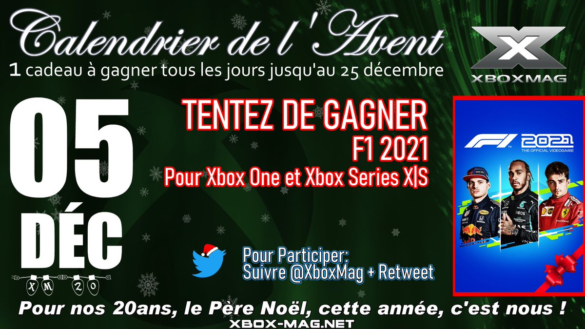 Consoles_Mag's tweet photo. Jour 5 de notre #CalendrierDeLavent 
Tentez de gagner F1 2021 pour Xbox One et Xbox Series X | S 🎅🎁

À vous la pole position 🏁🏎️

Pour participer:
✅Suivez @XboxMag 
🔁Retweet

#Xbox20 #xboxmag20 #Xbox #Concours  #XboxSeriesX #F1 #F12021 #xboxone #XboxSeriesS https://t.co/C6DqFPT2TO