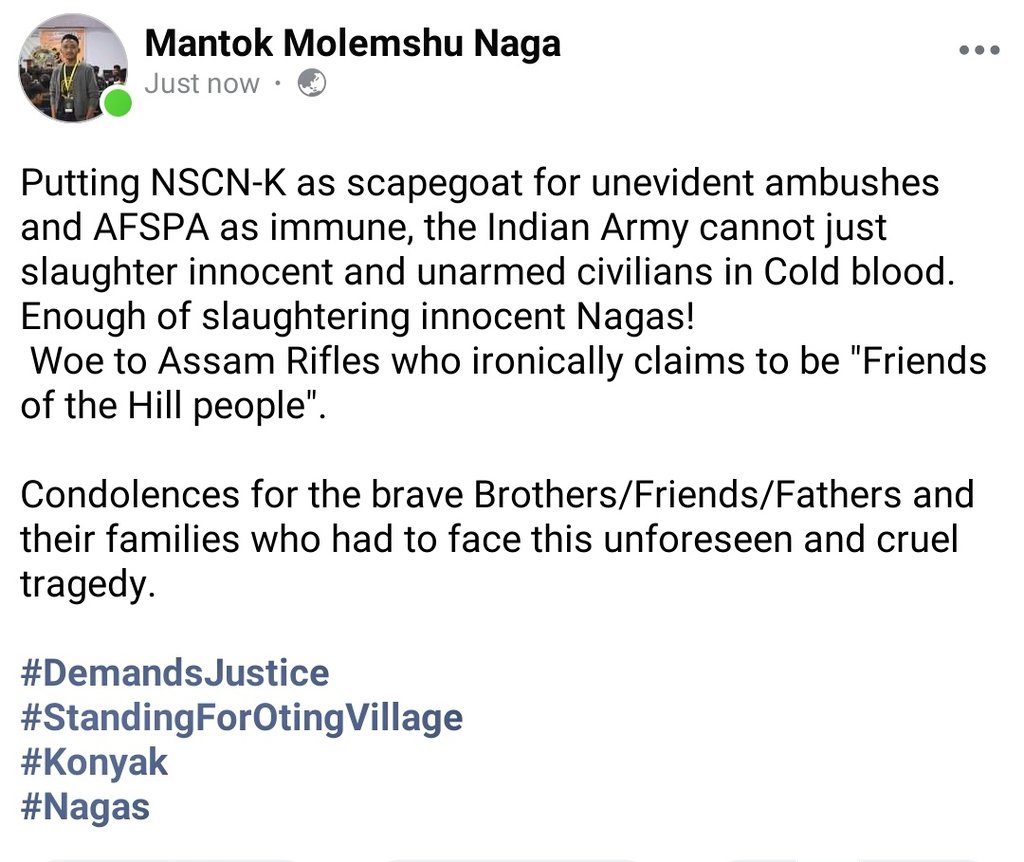 MMolemshu's tweet photo. Justice for 14 unarmed and innocent brothers whom the Assam Rifles slaughtered on so called "Mistaken Identity". https://t.co/FREa9ptCgd