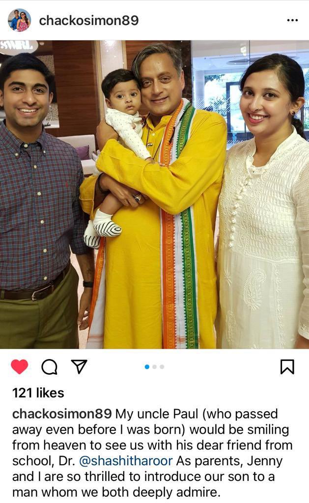 ShashiTharoor's tweet image. Young AIPC fellow @ChackoSimon from Kottayam, whose late uncle Paul Joseph was my classmate in Kolkata, happened to be in Thiruvananthapuram yesterday with his family. I had the pleasure of being introduced to his delightful baby son.