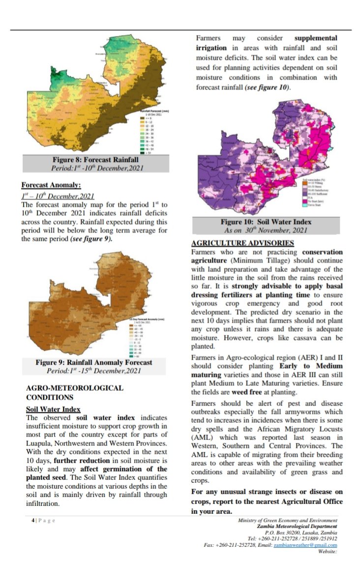 ZambiaMGEE's tweet photo. AGRO METEOROLOGICAL BULLETIN 
#Highlights
-Dry spells projected to persist &amp; affect most parts of Zambia in the next 10 days;
- Normal to Below Normal rainfall recorded over much of Zambia as at 30 Nov. 2021;
- Rain season not yet set over much of eastern half of Zambia;
1/3 https://t.co/v3FnFDqQTk
