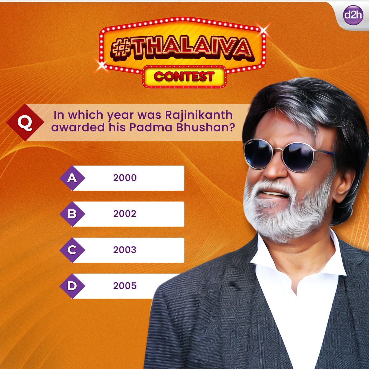 All the Thalaiva fans!
Here goes your second question, tell us the answer in the comment section below.
T&amp;C Apply -  d2h.com/home/offer_ter…
.
.
#d2h #AlagHiView #Contest #Thalaiva #Rajnikanth #ContestAlert #ContestIndia #Giveaway #ThalaivaContest