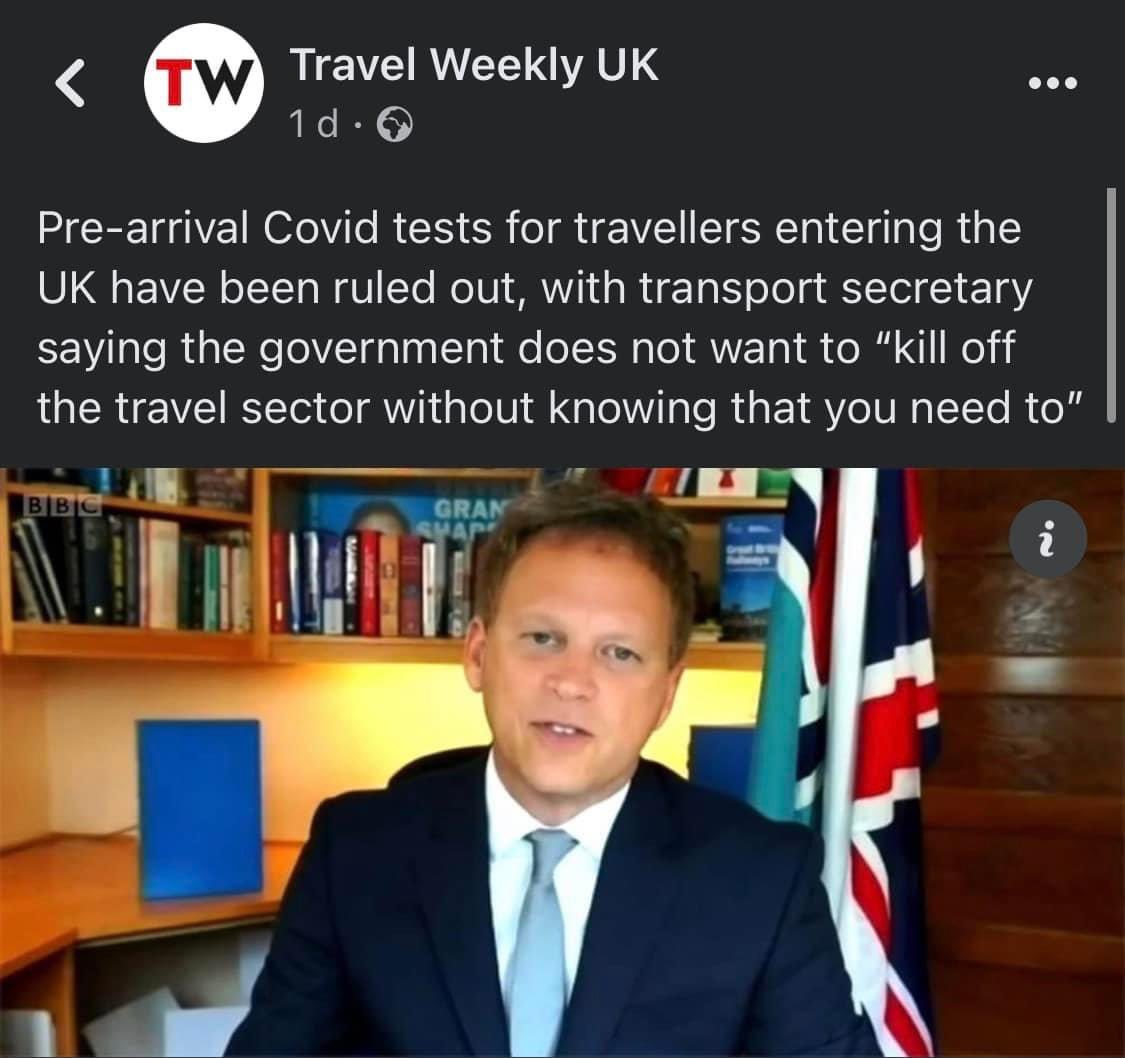 Actually, you said it would “kill us off” and therefore ruled out pre-arrival tests. This was the <a href="/travelweekly/">Travel Weekly</a> report of that just 24 hours earlier. If you know it’s going to be a fatal blow for travel, then you surely must now offer sector-specific support for travel?  #uturn