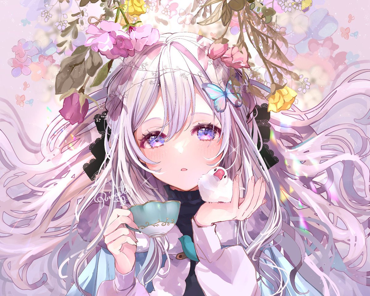 1girl solo holding long hair cup teacup flower  illustration images