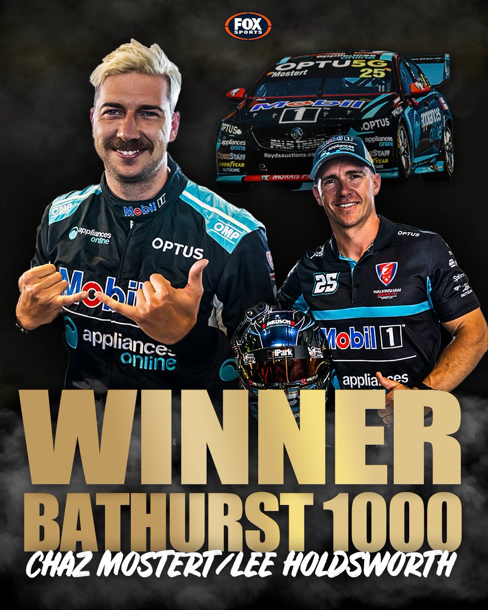 Fox_Motorsport's tweet photo. BATHURST 1000 WINNERS 🏆

Chaz Mostert and Lee Holdsworth cross the line first in a WILD finish which saw SVG forced OUT of a podium spot! 🤯

👉 https://t.co/ublzmpRkkC https://t.co/Sg5hWnPuBN