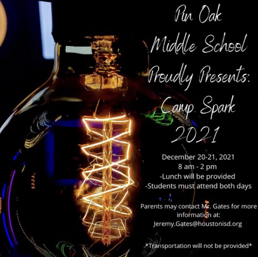 💫Camp Spark💫 will take place <a href="/pinoakms/">Pin Oak Middle School</a> on December 20th &amp; 21st! Register Today! #WeArePinOak #PinOakStrong #ChargerNation