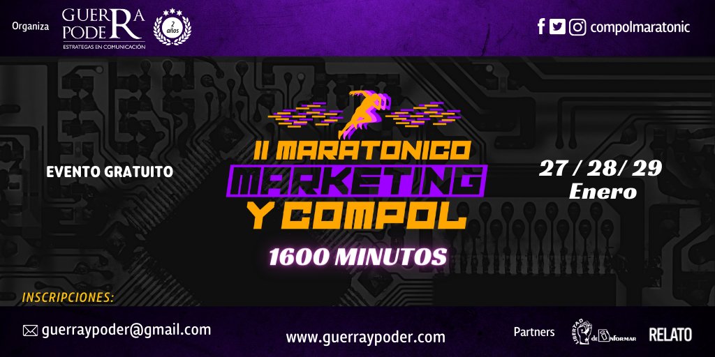 ajcoronelroche's tweet photo. 📣II Maratónico #Marketing y #Compol
Evento gratuito.
👉🏼60 ponentes en 1600 minutos de alta intensidad.
📌Registro sin costo aquí:
https://t.co/MIsJLOZALL
📅 27, 28 y 29 Enero 2022
.
.
#maratonicomk #maratonicocompol #CampañasElectorales https://t.co/u4YIhemFis https://t.co/mC8kz2nLpx