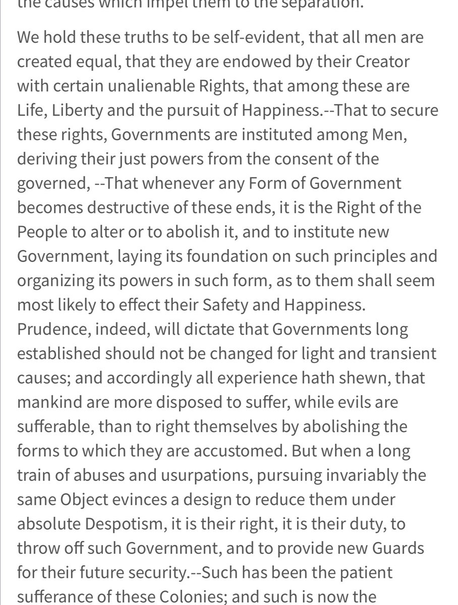 Um, has anyone pointed out over half the Declaration of Independence is telling us to throw off our current government and reorganize ourselves so what's going on now with corruption and tyrrany doesn't happen again? https://t.co/2EKFHBToJu