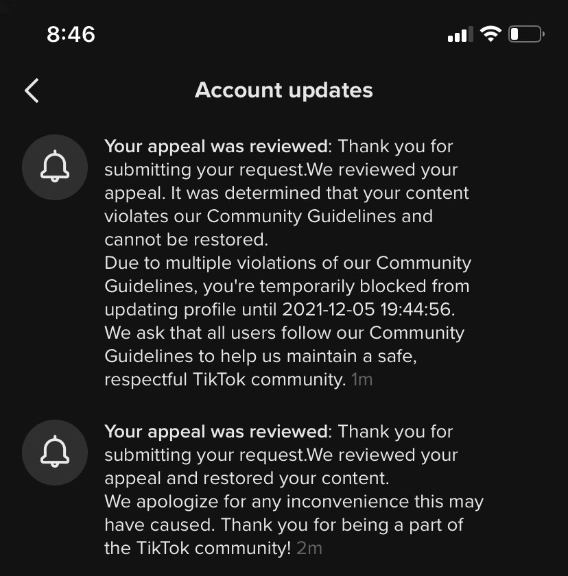 the10influence's tweet photo. @TikTokSupport I changed my profile photo and got my account suspended. And the pic was a headshot of me smiling. I appealed and these are the next 2 I got. Pls help. https://t.co/KDe3a2Xpwg