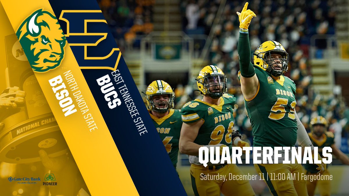 NDSUfootball's tweet photo. NDSU (11-1) will host Southern Conference champion ETSU (11-1) in the national quarterfinals next Saturday morning at 11:00 on ESPN. #FCSPlayoffs https://t.co/SKnPKEKxm4