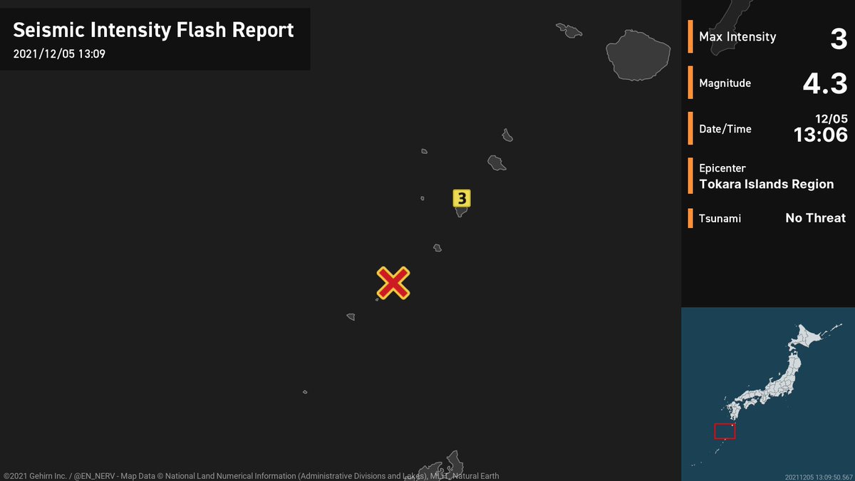 Earthquake Flash Report – 12/5
At around 1:06pm, an earthquake with an estimated magnitude of 4.3 occurred near the Tokara Islands at a depth of 20km. There is no threat of a tsunami. #earthquake https://t.co/fReMCUCTWs