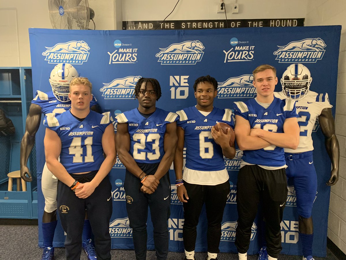 Thanks <a href="/AssumptionFB/">Assumption University Football</a> for having my teammates and I on campus today! Really enjoyed my time here! <a href="/_CoachRossi/">Antonio Rossi</a> <a href="/CoachWoody2/">Woody Blevins</a> <a href="/coach_tjbloyer/">Tyler Bloyer</a> <a href="/CoachBKelly/">Brad Kelly</a>