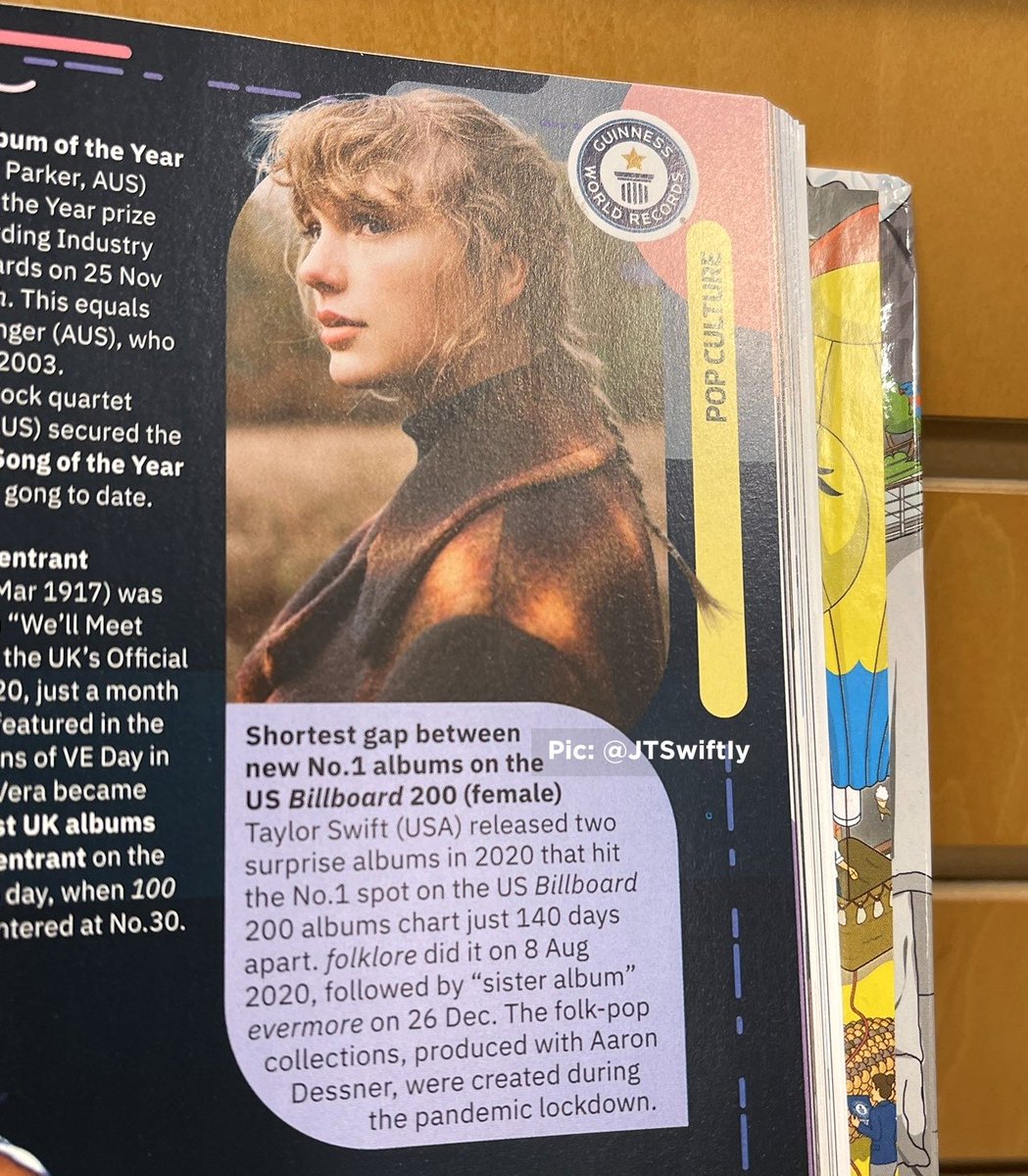 TheSwiftSociety's tweet photo. 👑| @TaylorSwift13 appears in the Guiness World Records Book 2022 for the shortest span (140 days) between two #1 albums with 'folklore' &amp; 'evermore'

— She later broke her own record with Fearless TV (119 days) https://t.co/6w2QqMIjZv