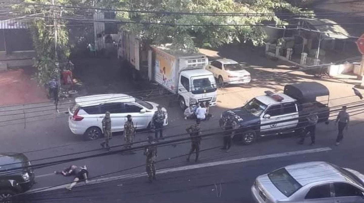 #Breaking; At least 4 anti-coup protesters were reportedly killed as a military vehicle speeded into crowd during protesting in #Yangon on Sunday morning. (Photo: Khit Thit media)