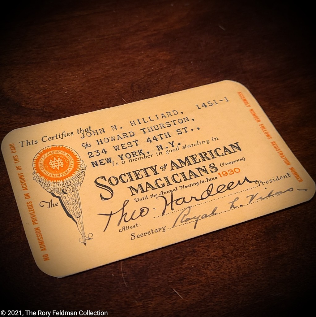 Rory_Feldman's tweet photo. John Northern Hilliard's Society of American Magicians membership card from 1930 - c/o Howard #Thurston. Signed by Theo Hardeen (#Houdini's brother) as President. #wondershowmuseum #museumofmagic #magic #magician #collection #museum #antique #curiosities #advertising #ephemera https://t.co/k51BVglQZt